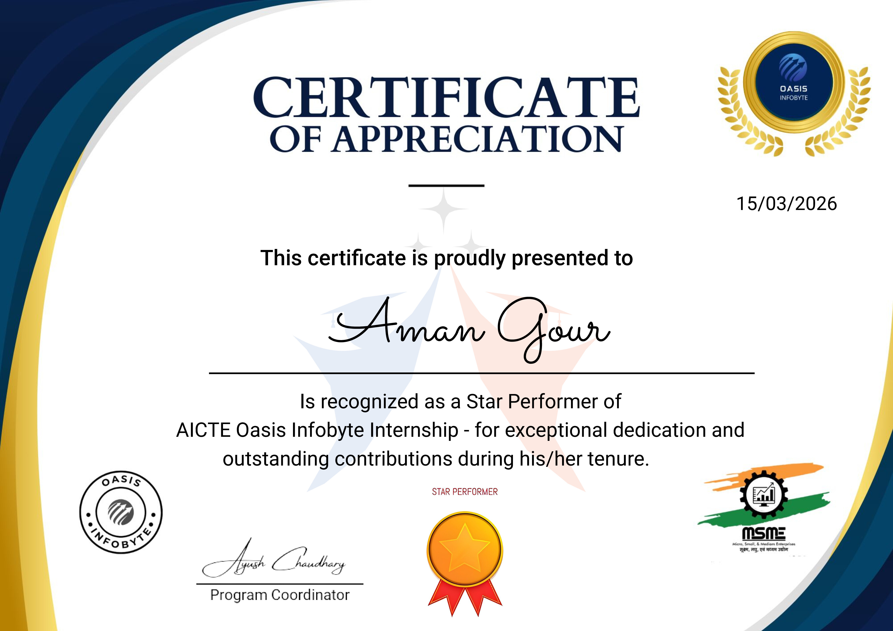 OASIS Star Performer Certificate